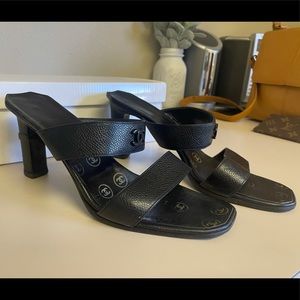 Authentic Vintage CHANEL Black Pebble Leather Strappy Slide Heels with CC Logo